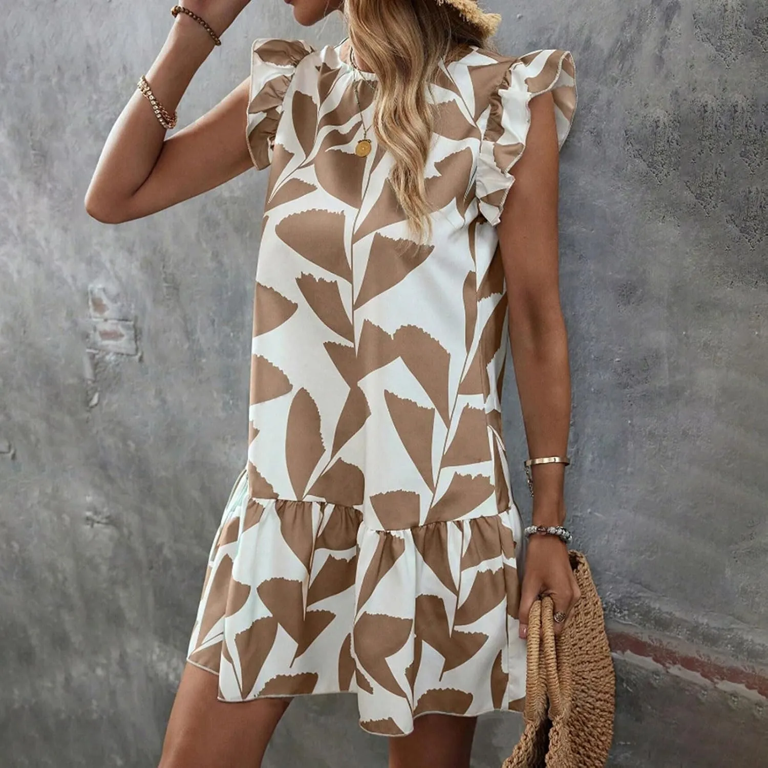 Hawaiian Dresses for Women Ruffle Sleeve Sundresses Crewneck Flowy Floral Print Casual Petite Trendy Dress Romper