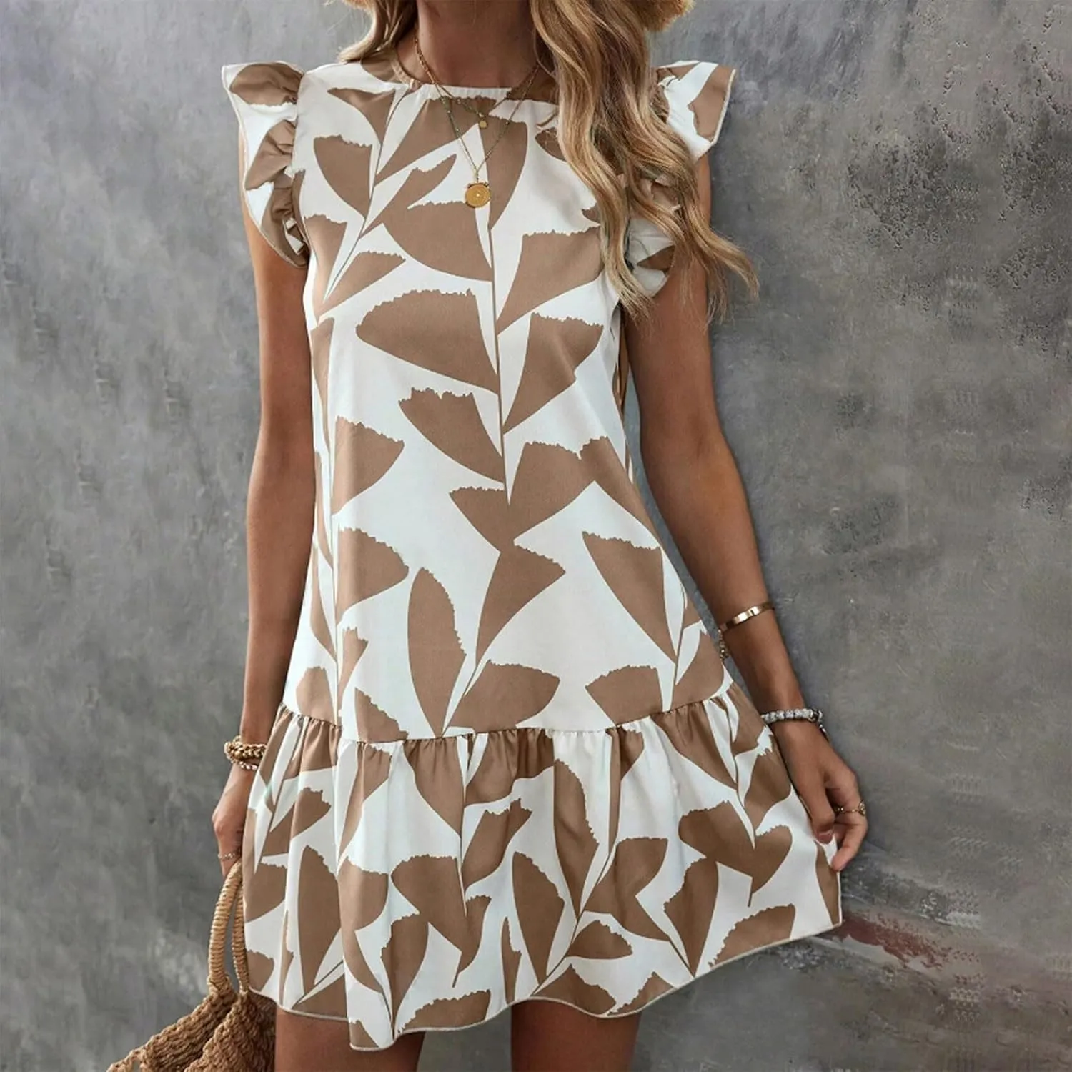 Hawaiian Dresses for Women Ruffle Sleeve Sundresses Crewneck Flowy Floral Print Casual Petite Trendy Dress Romper