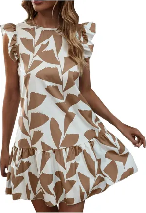 Hawaiian Dresses for Women Ruffle Sleeve Sundresses Crewneck Flowy Floral Print Casual Petite Trendy Dress Romper