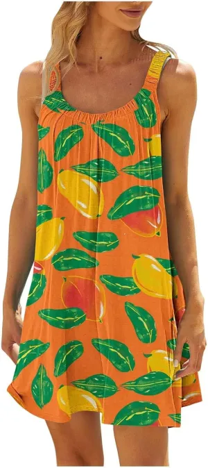 Hawaiian Dresses for Women Summer Floral Sleeveless Mini Dress Casual Swing Beach Cover Ups Vacation Tank Sundress