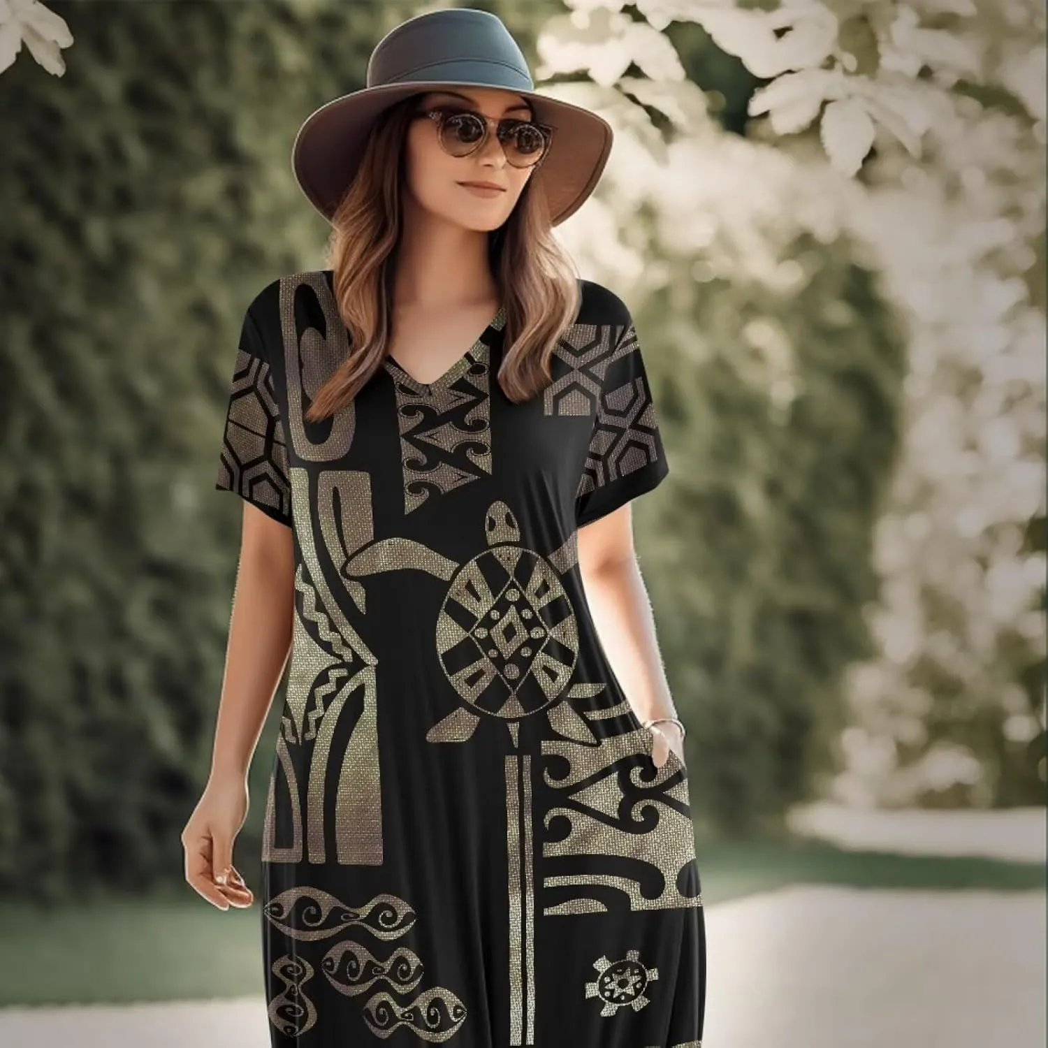Hawaiian Mumu Dresses for Women with Pockets Short Sleeve Summer Dresses Boho Plus Size Dresses for Women