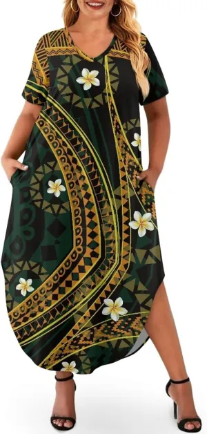 Hawaiian Mumu Dresses for Women with Pockets Short Sleeve Summer Dresses Boho Plus Size Dresses for Women