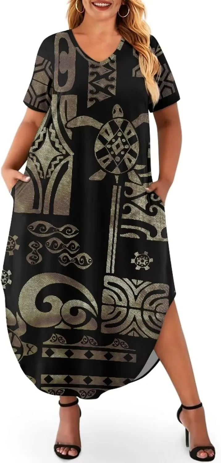 Hawaiian Mumu Dresses for Women with Pockets Short Sleeve Summer Dresses Boho Plus Size Dresses for Women