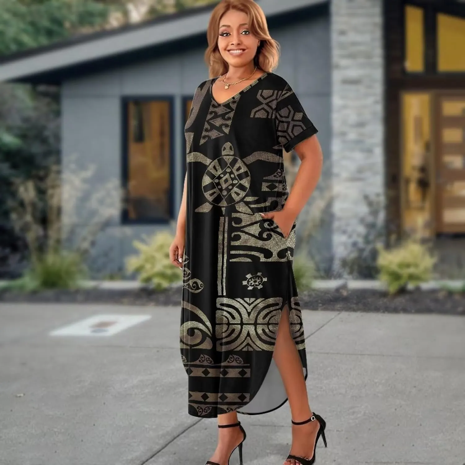 Hawaiian Mumu Dresses for Women with Pockets Short Sleeve Summer Dresses Boho Plus Size Dresses for Women