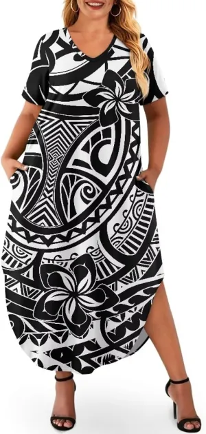 Hawaiian Mumu Dresses for Women with Pockets Short Sleeve Summer Dresses Boho Plus Size Dresses for Women