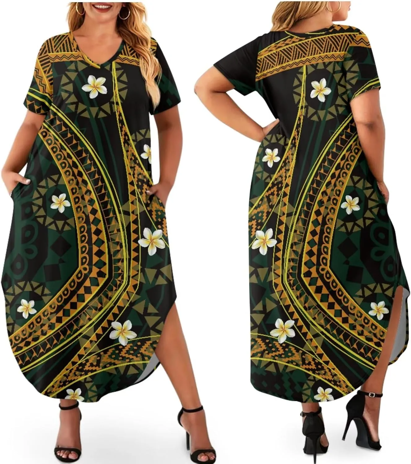 Hawaiian Mumu Dresses for Women with Pockets Short Sleeve Summer Dresses Boho Plus Size Dresses for Women