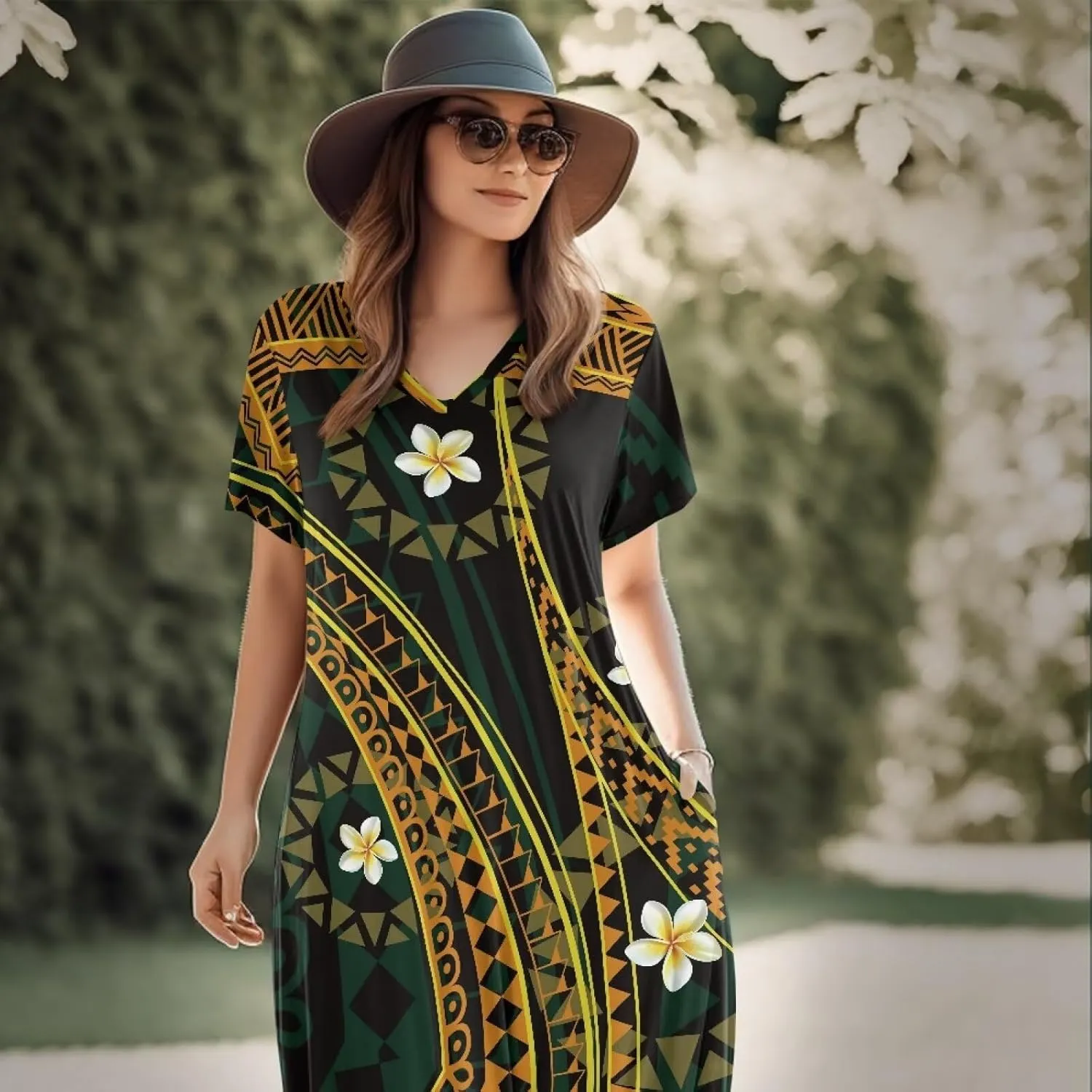 Hawaiian Mumu Dresses for Women with Pockets Short Sleeve Summer Dresses Boho Plus Size Dresses for Women