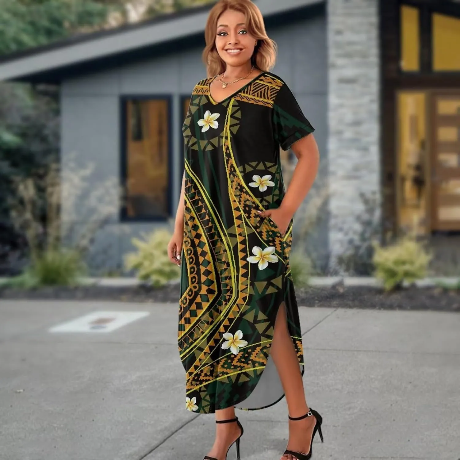 Hawaiian Mumu Dresses for Women with Pockets Short Sleeve Summer Dresses Boho Plus Size Dresses for Women
