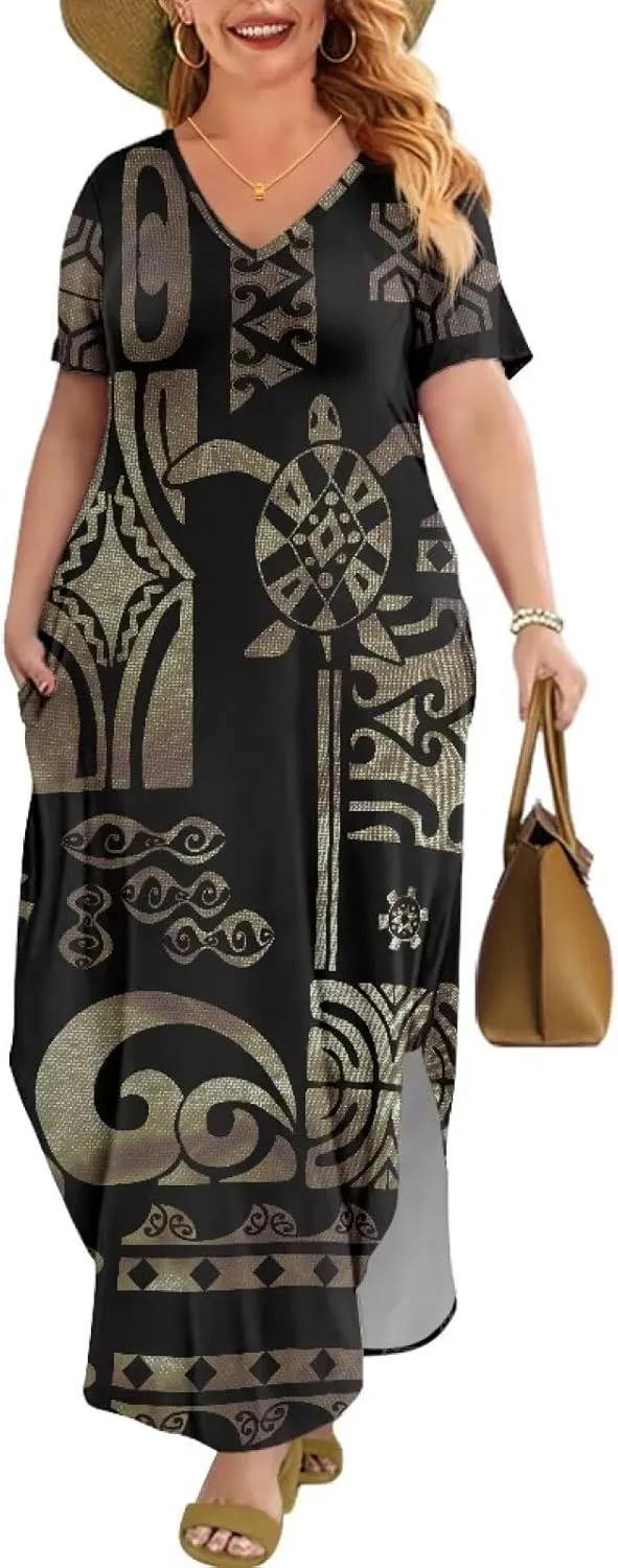 Hawaiian Mumu Dresses for Women with Pockets Short Sleeve Summer Dresses Boho Plus Size Dresses for Women