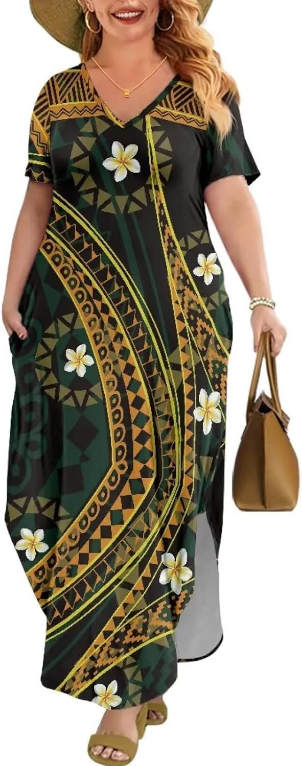 Hawaiian Mumu Dresses for Women with Pockets Short Sleeve Summer Dresses Boho Plus Size Dresses for Women