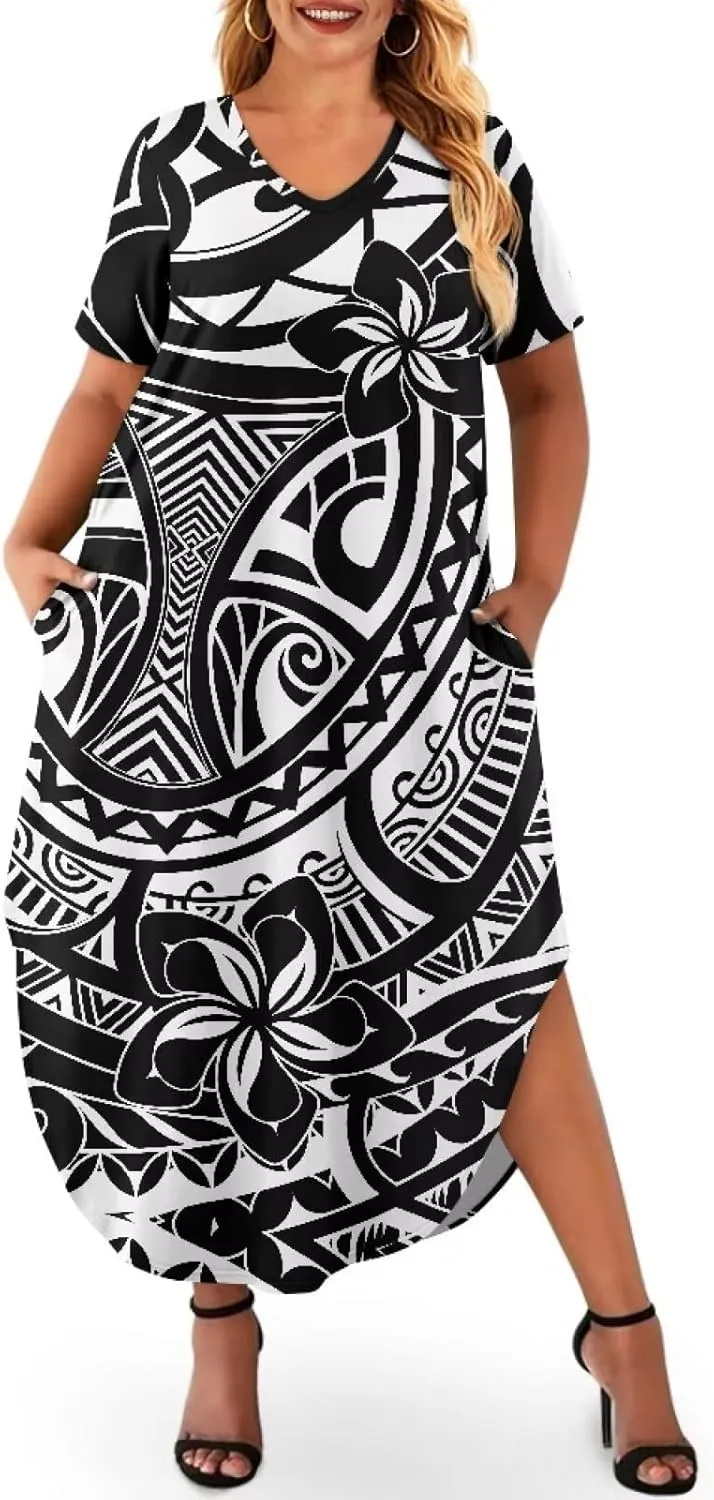 Hawaiian Mumu Dresses for Women with Pockets Short Sleeve Summer Dresses Boho Plus Size Dresses for Women