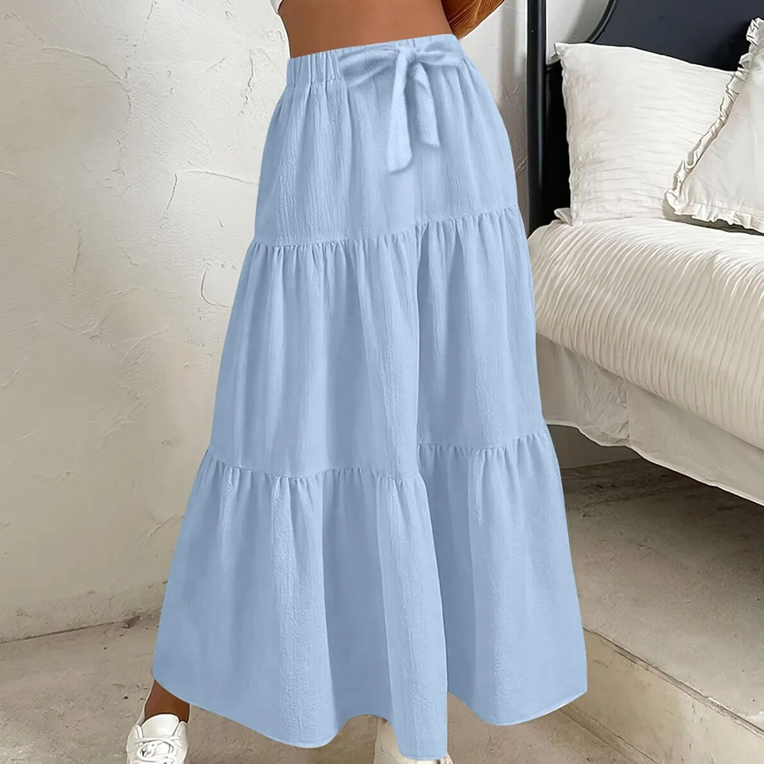 HGps8w Women's Boho Linen Flowy Maxi Skirt, Trendy Casual 2025 Summer Tiered A Line Elastic Waist Pleated Long Beach Skirts