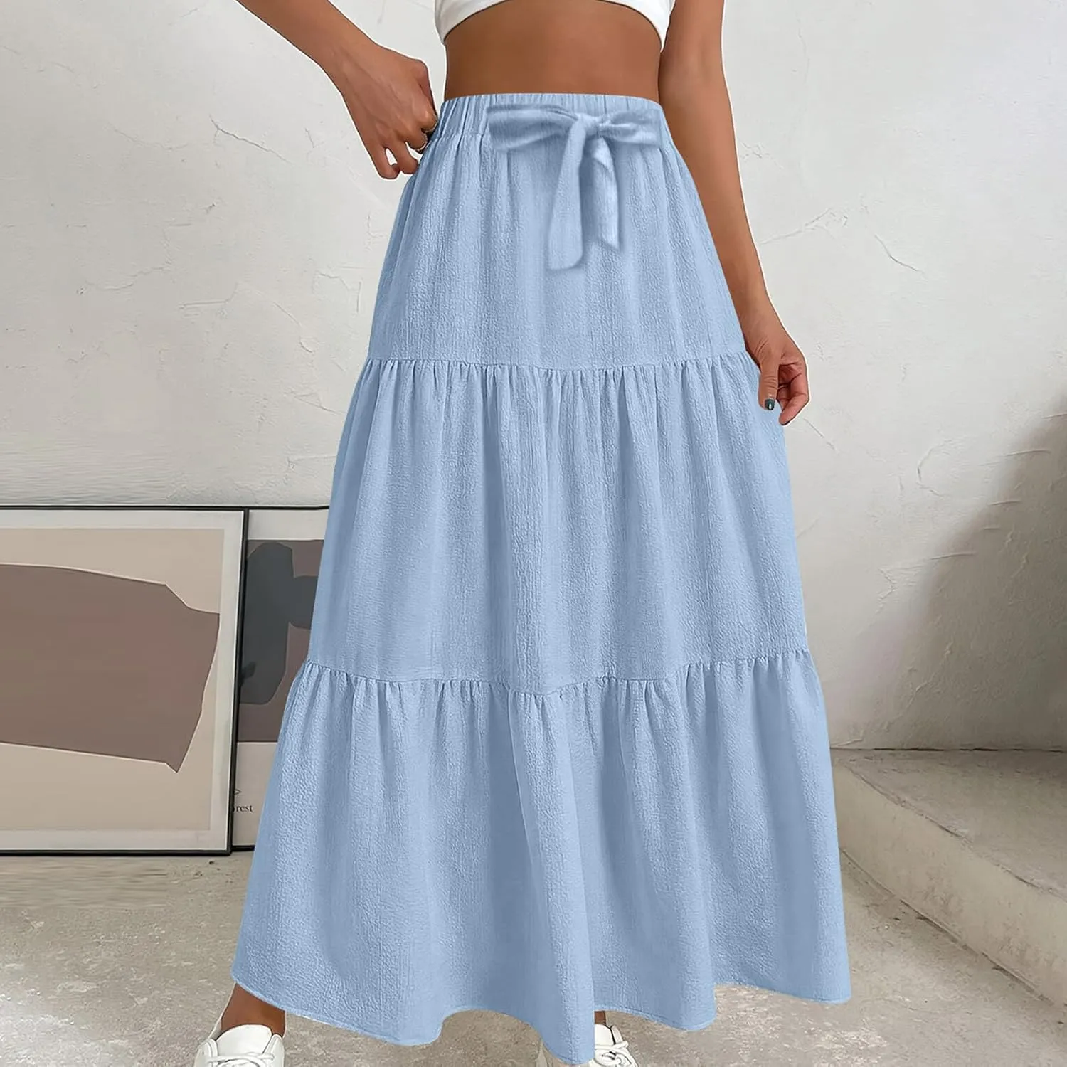 HGps8w Women's Boho Linen Flowy Maxi Skirt, Trendy Casual 2025 Summer Tiered A Line Elastic Waist Pleated Long Beach Skirts