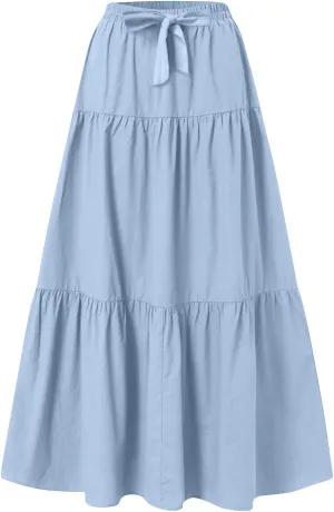 HGps8w Women's Boho Linen Flowy Maxi Skirt, Trendy Casual 2025 Summer Tiered A Line Elastic Waist Pleated Long Beach Skirts