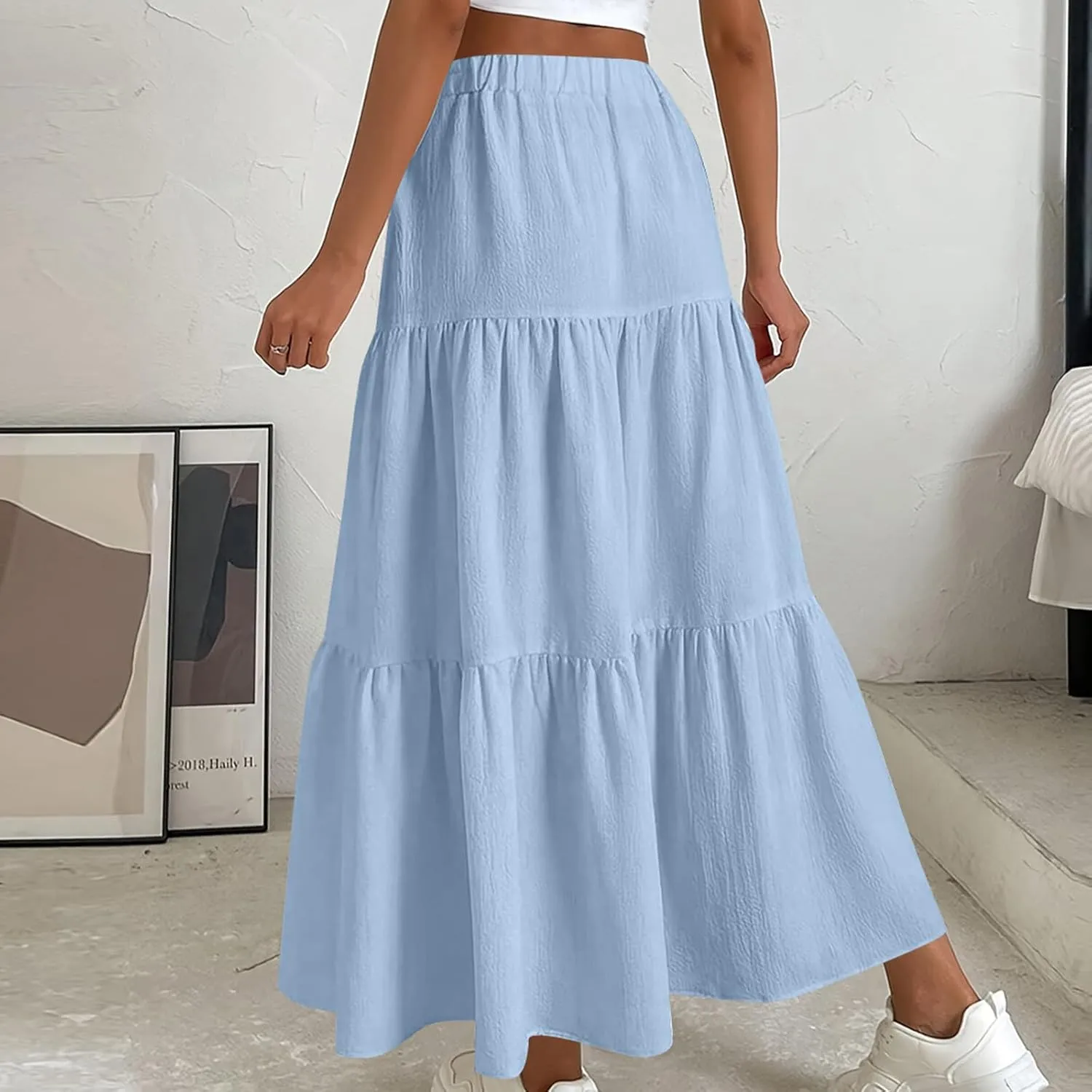 HGps8w Women's Boho Linen Flowy Maxi Skirt, Trendy Casual 2025 Summer Tiered A Line Elastic Waist Pleated Long Beach Skirts