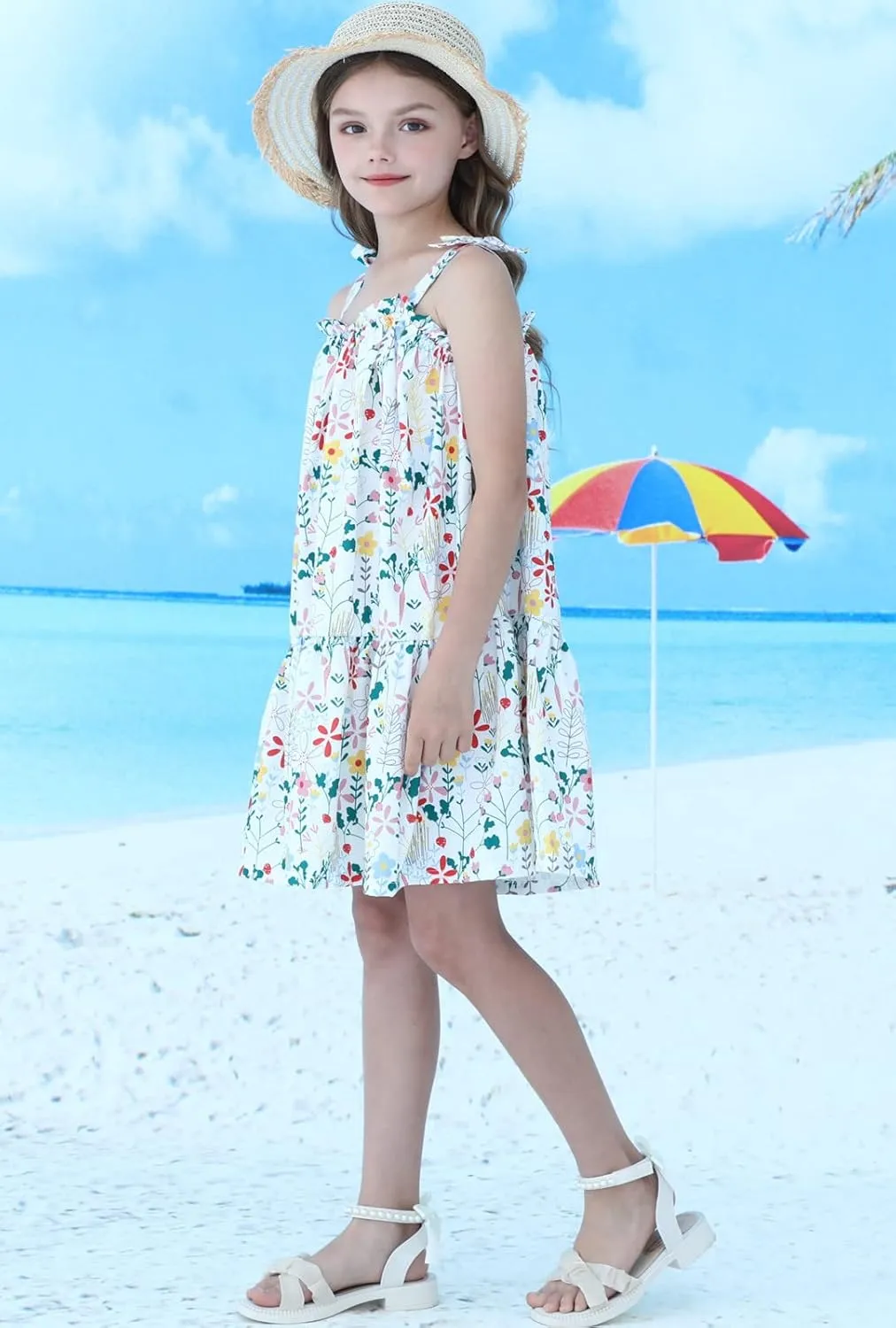 HILEELANG Little Girls Hawaii Dress Sleeveless Slip Easter Summer Cotton Casual Swing Twirly Beach Sundress