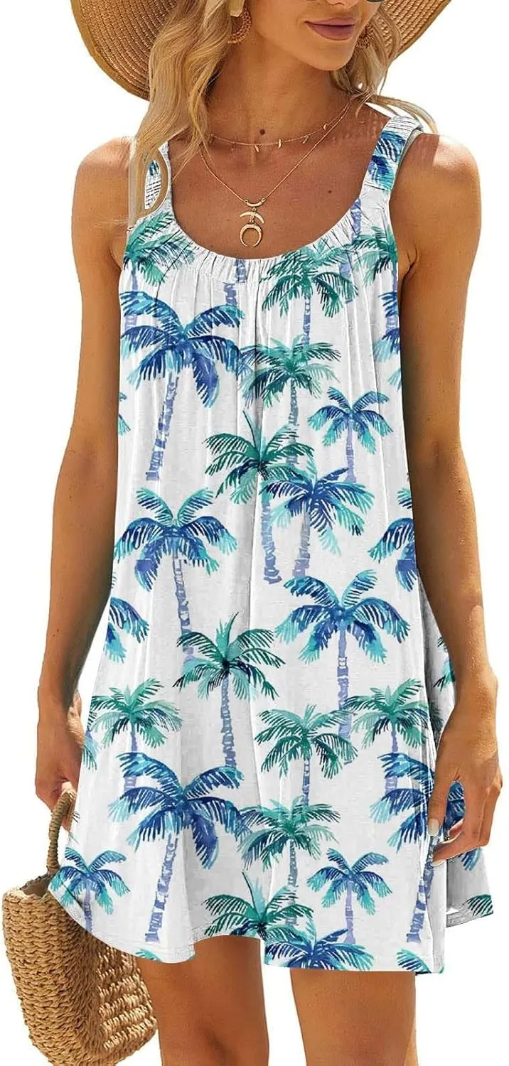 hlysgo Beach Dresses for Women 2025 Vacation Summer Sleeveless Mini Sundresses Trendy Floral Printed Swimsuit Coverup Dress