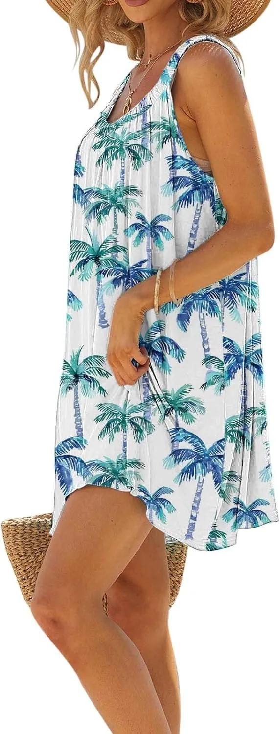 hlysgo Beach Dresses for Women 2025 Vacation Summer Sleeveless Mini Sundresses Trendy Floral Printed Swimsuit Coverup Dress