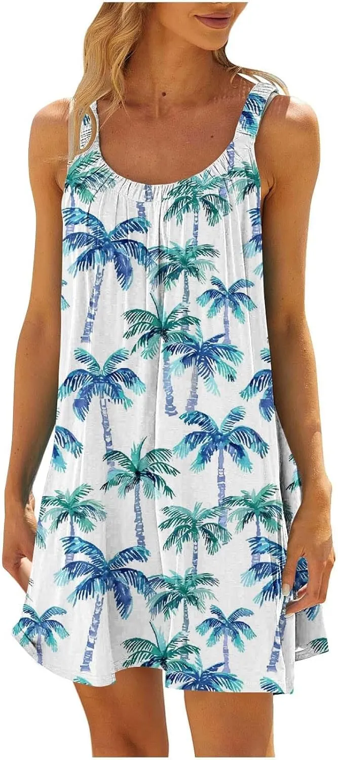 hlysgo Beach Dresses for Women 2025 Vacation Summer Sleeveless Mini Sundresses Trendy Floral Printed Swimsuit Coverup Dress