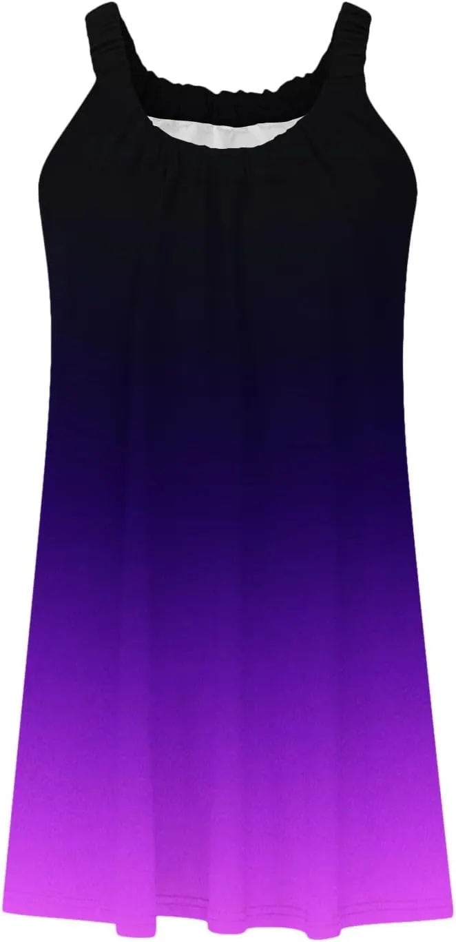 hlysgo Petite Dresses for Women Trendy Gradient Beachwear Coverup Sleeveless Crewneck Mini Dress Summer Knee Length Sundress