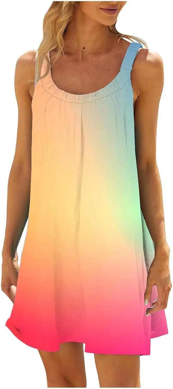 hlysgo Petite Dresses for Women Trendy Gradient Beachwear Coverup Sleeveless Crewneck Mini Dress Summer Knee Length Sundress