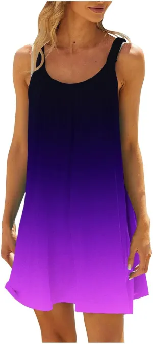 hlysgo Petite Dresses for Women Trendy Gradient Beachwear Coverup Sleeveless Crewneck Mini Dress Summer Knee Length Sundress
