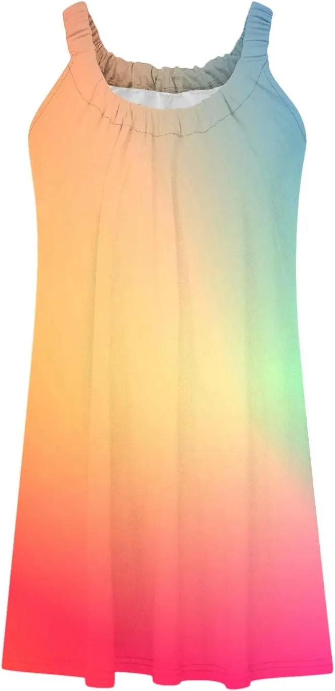 hlysgo Petite Dresses for Women Trendy Gradient Beachwear Coverup Sleeveless Crewneck Mini Dress Summer Knee Length Sundress