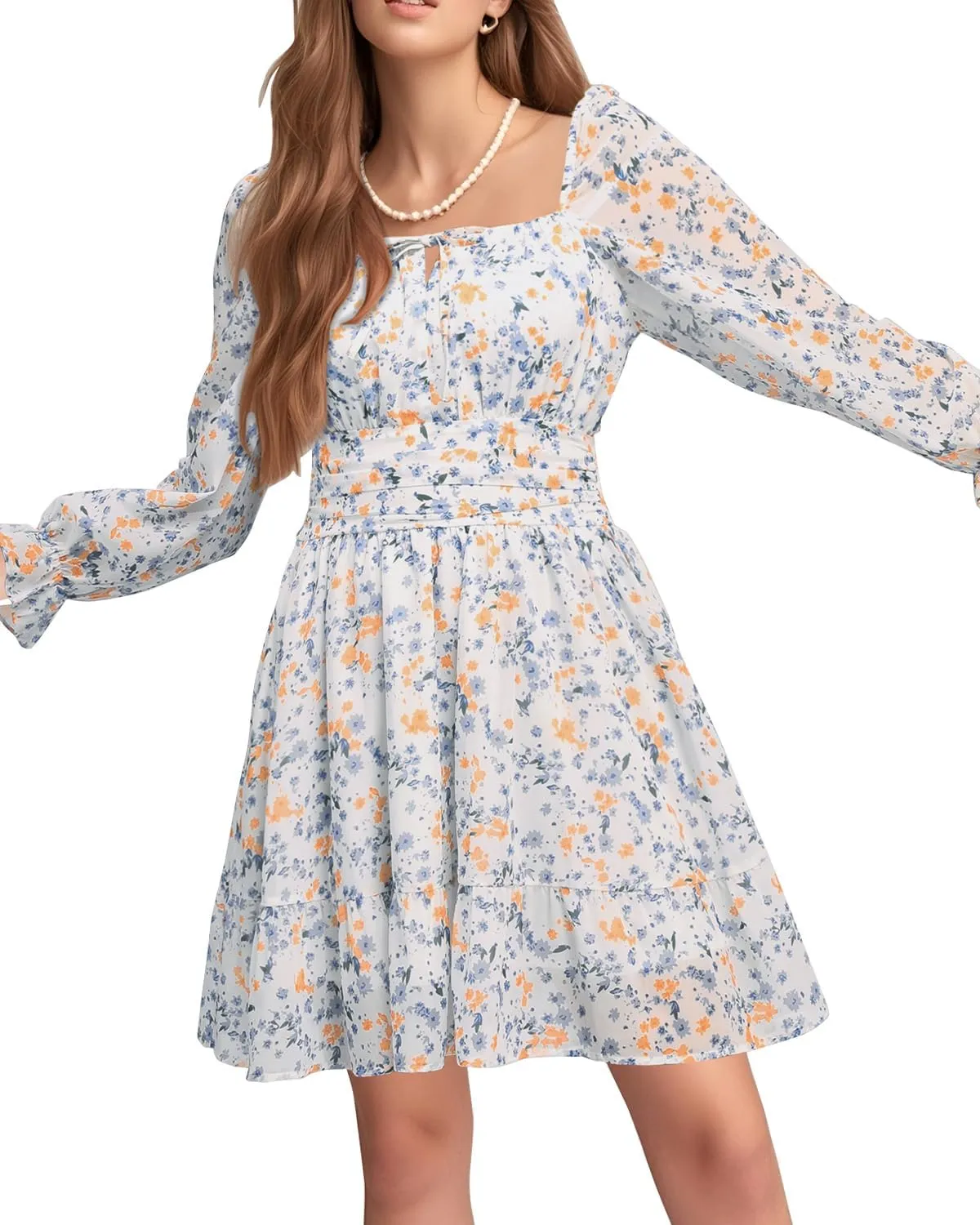 Holipick Long Sleeve Dress for Women Graduation Teen Homecoming Tie Back Square Neck Ruffle A-Line Casual Short Dresses