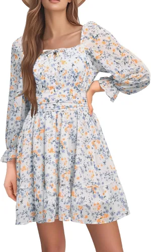 Holipick Long Sleeve Dress for Women Graduation Teen Homecoming Tie Back Square Neck Ruffle A-Line Casual Short Dresses