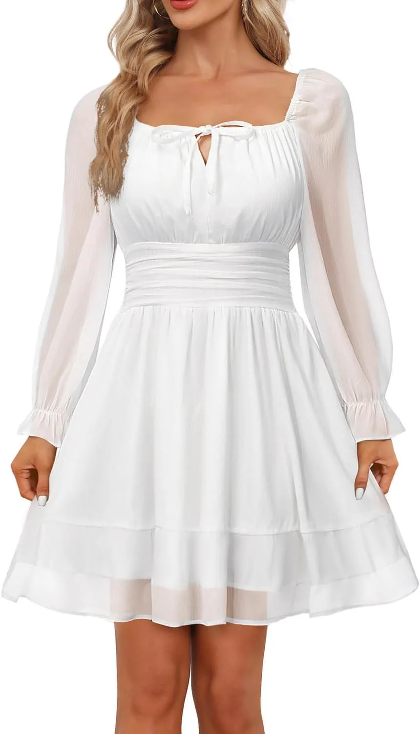 Holipick Long Sleeve Dress for Women Graduation Teen Homecoming Tie Back Square Neck Ruffle A-Line Casual Short Dresses