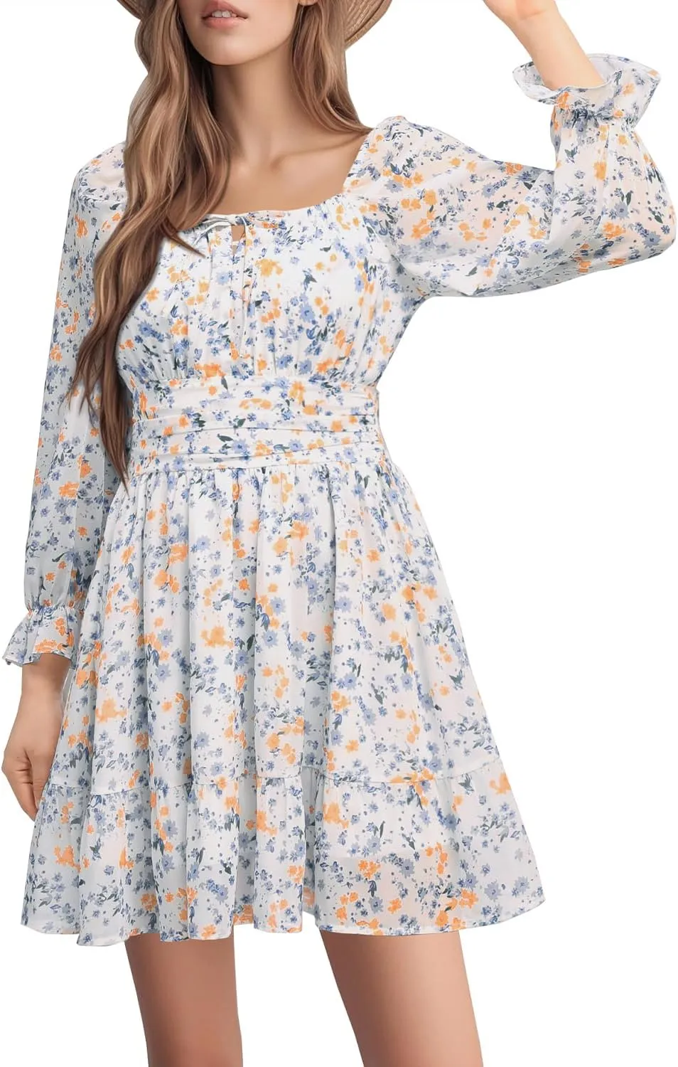 Holipick Long Sleeve Dress for Women Graduation Teen Homecoming Tie Back Square Neck Ruffle A-Line Casual Short Dresses