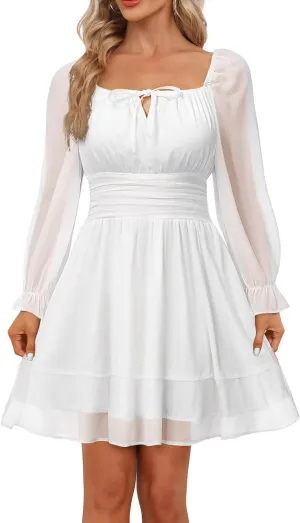Holipick Long Sleeve Dress for Women Graduation Teen Homecoming Tie Back Square Neck Ruffle A-Line Casual Short Dresses
