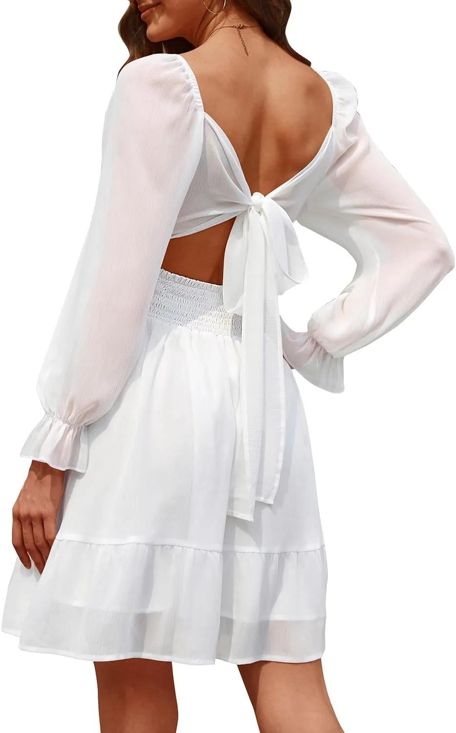 Holipick Long Sleeve Dress for Women Graduation Teen Homecoming Tie Back Square Neck Ruffle A-Line Casual Short Dresses