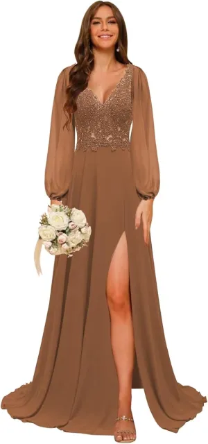 homdor Long Sleeve Chiffon Bridesmaid Dresses 2025 Lace Appliques Formal Dresses V Neck Prom Dress for Women with Slit