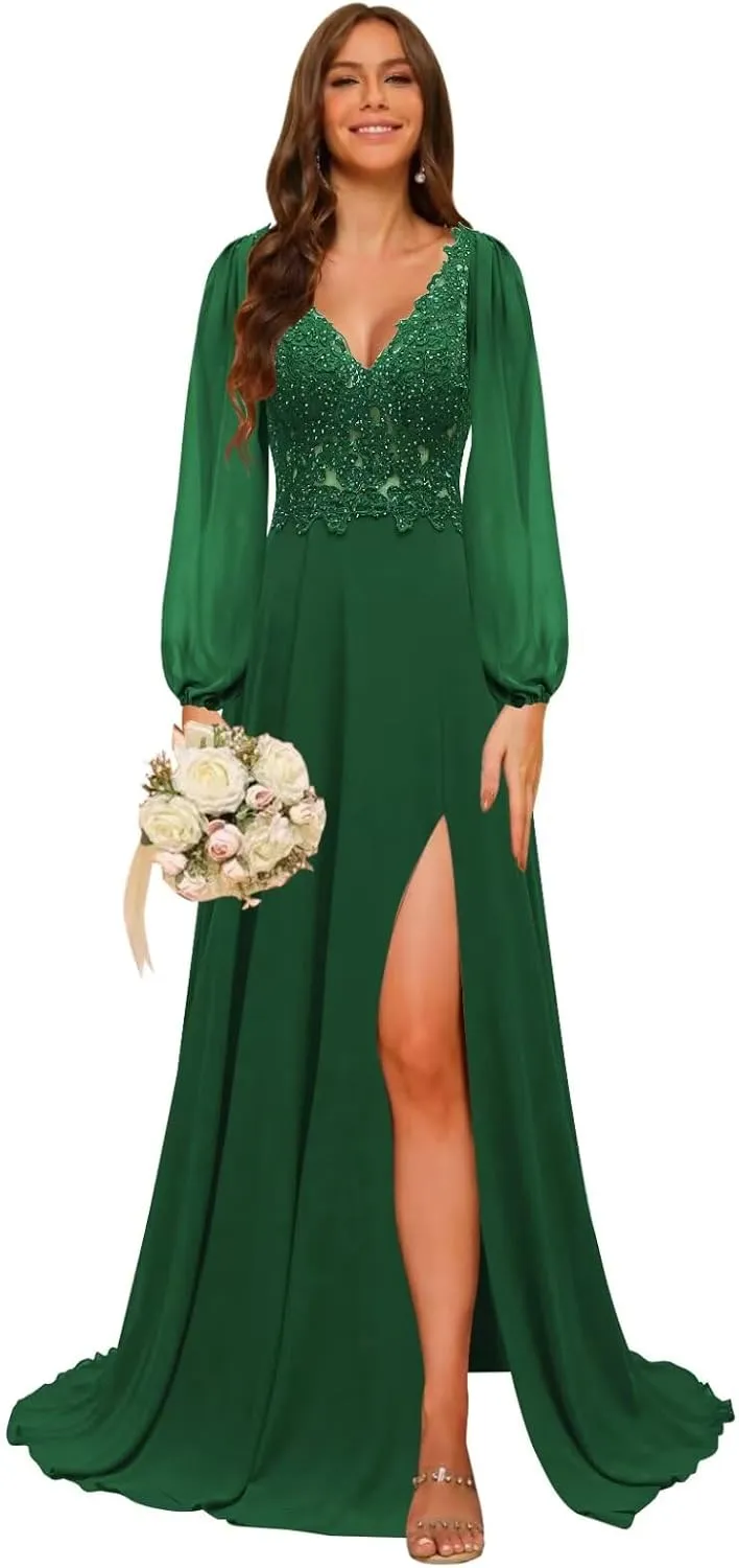 homdor Long Sleeve Chiffon Bridesmaid Dresses 2025 Lace Appliques Formal Dresses V Neck Prom Dress for Women with Slit