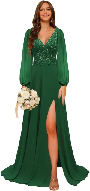 homdor Long Sleeve Chiffon Bridesmaid Dresses 2025 Lace Appliques Formal Dresses V Neck Prom Dress for Women with Slit