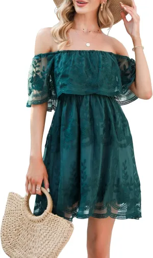 HOYISHION Women's Off The Shoulder Floral Lace Maxi Dress White Bridesmaid Wedding Party Maternity Photoshoot Long Dresses