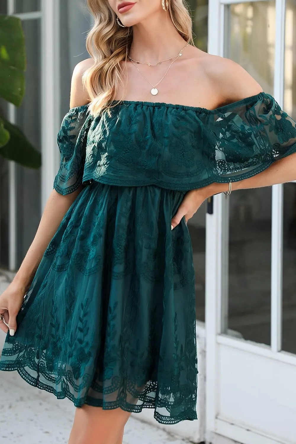 HOYISHION Women's Off The Shoulder Floral Lace Maxi Dress White Bridesmaid Wedding Party Maternity Photoshoot Long Dresses