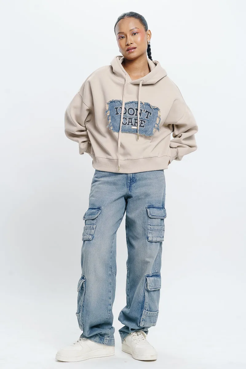 I Don'T Care Beige Hoodie