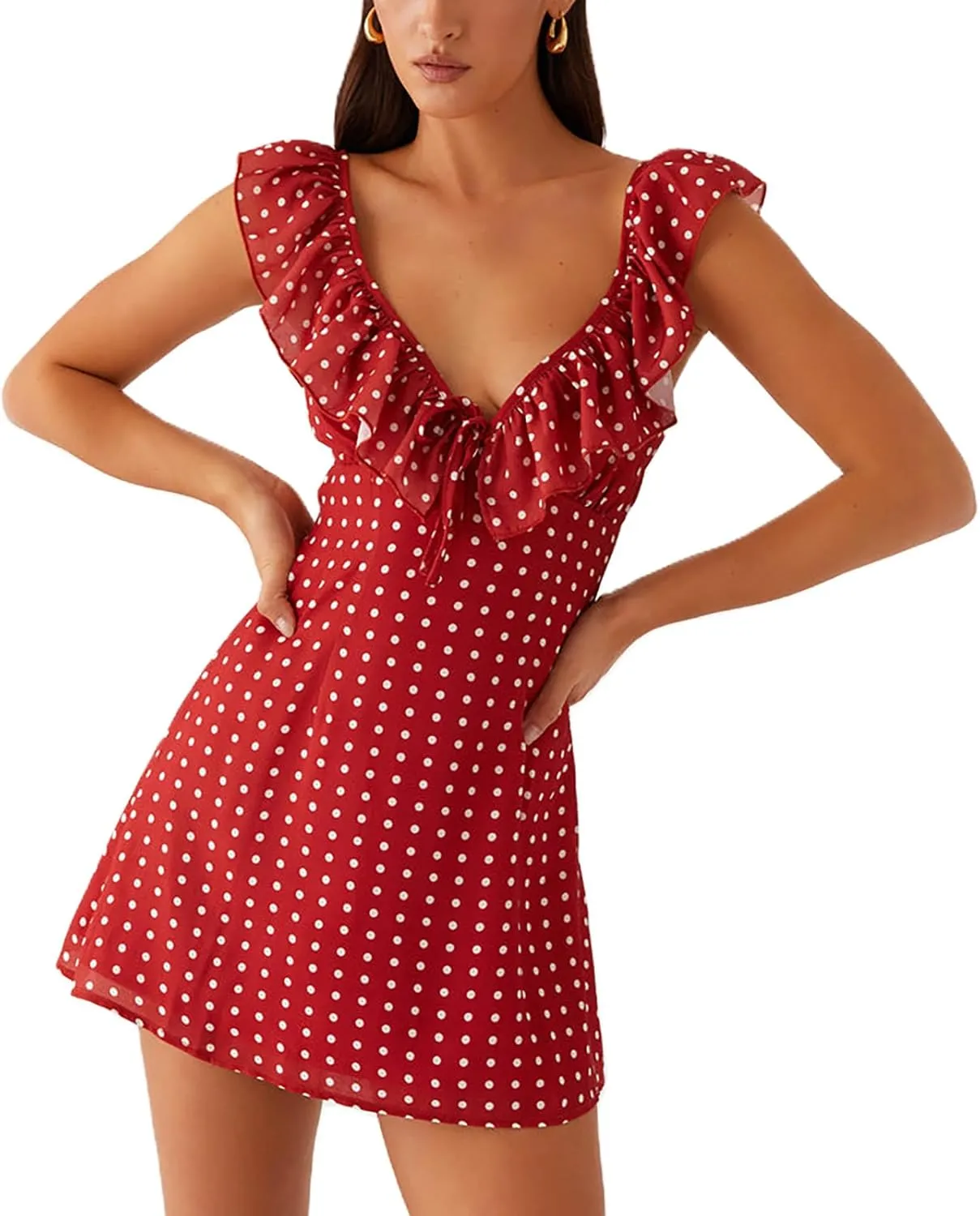 ICNGLKSND Womens Summer Deep V Neck Tie Back Ruffle Cap Sleeve Casual A-Line Short Mini Dress Summer Going Out Dresses