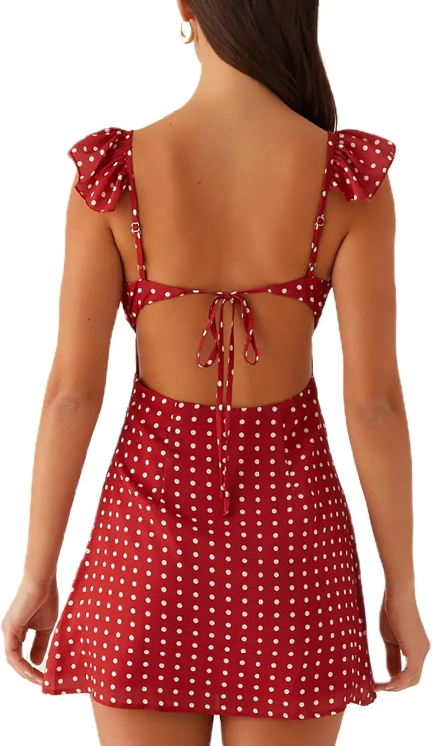 ICNGLKSND Womens Summer Deep V Neck Tie Back Ruffle Cap Sleeve Casual A-Line Short Mini Dress Summer Going Out Dresses