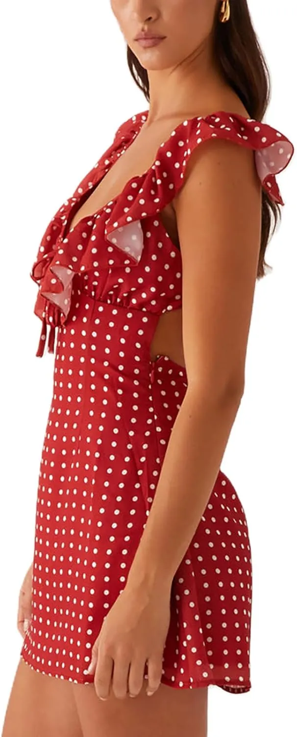 ICNGLKSND Womens Summer Deep V Neck Tie Back Ruffle Cap Sleeve Casual A-Line Short Mini Dress Summer Going Out Dresses