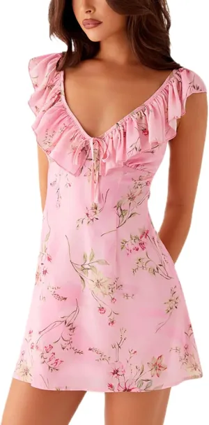 ICNGLKSND Womens Summer Deep V Neck Tie Back Ruffle Cap Sleeve Casual A-Line Short Mini Dress Summer Going Out Dresses