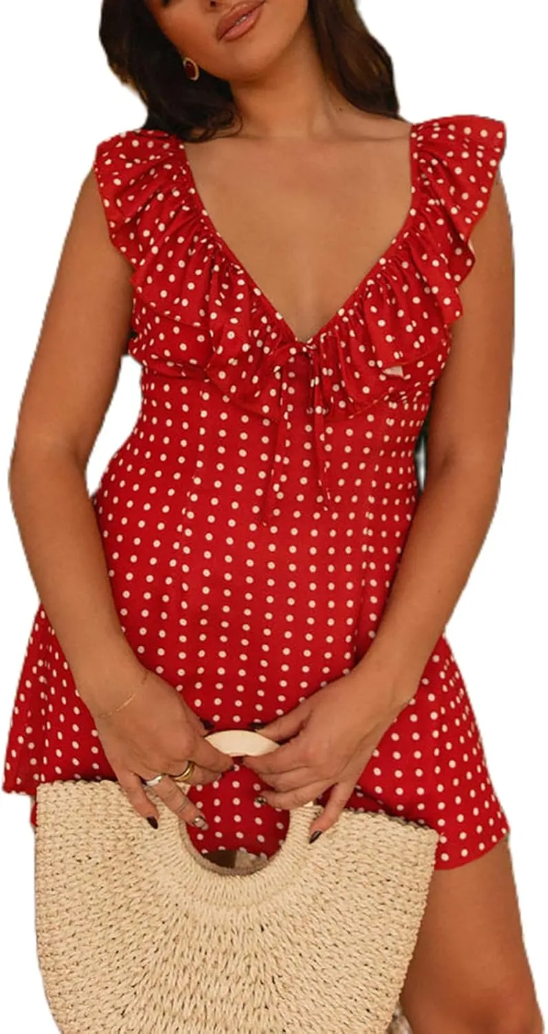 ICNGLKSND Womens Summer Deep V Neck Tie Back Ruffle Cap Sleeve Casual A-Line Short Mini Dress Summer Going Out Dresses