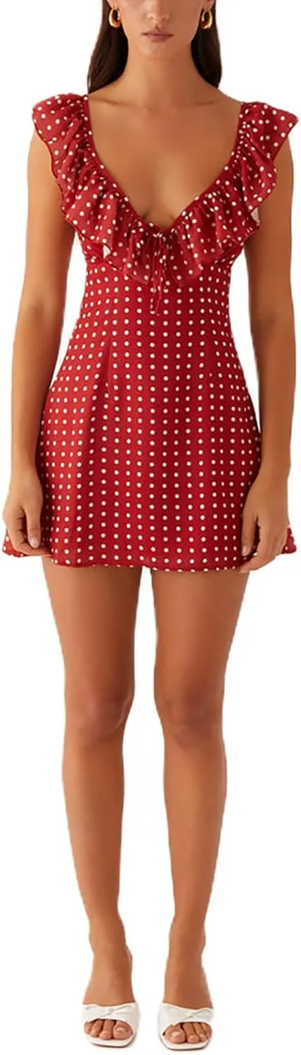 ICNGLKSND Womens Summer Deep V Neck Tie Back Ruffle Cap Sleeve Casual A-Line Short Mini Dress Summer Going Out Dresses