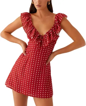 ICNGLKSND Womens Summer Deep V Neck Tie Back Ruffle Cap Sleeve Casual A-Line Short Mini Dress Summer Going Out Dresses