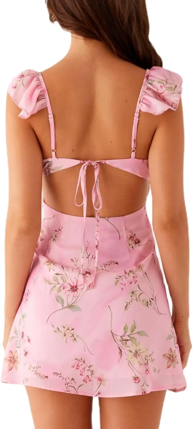ICNGLKSND Womens Summer Deep V Neck Tie Back Ruffle Cap Sleeve Casual A-Line Short Mini Dress Summer Going Out Dresses