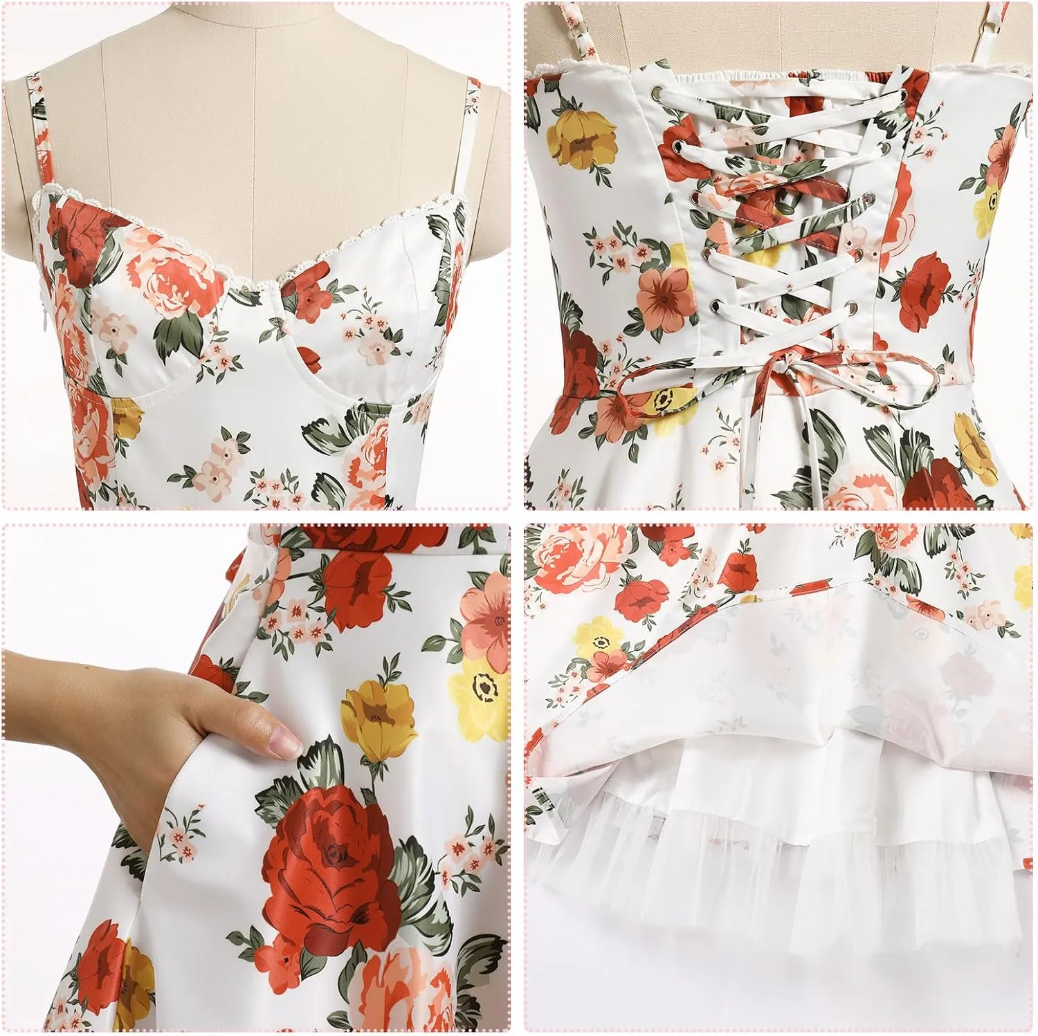 IDOPIP Summer Floral Corset Dress for Women Elegant Sleeveless Boho Mini Sundress Spaghetti Straps Ruffle Wedding Guest Dress