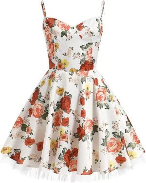 IDOPIP Summer Floral Corset Dress for Women Elegant Sleeveless Boho Mini Sundress Spaghetti Straps Ruffle Wedding Guest Dress