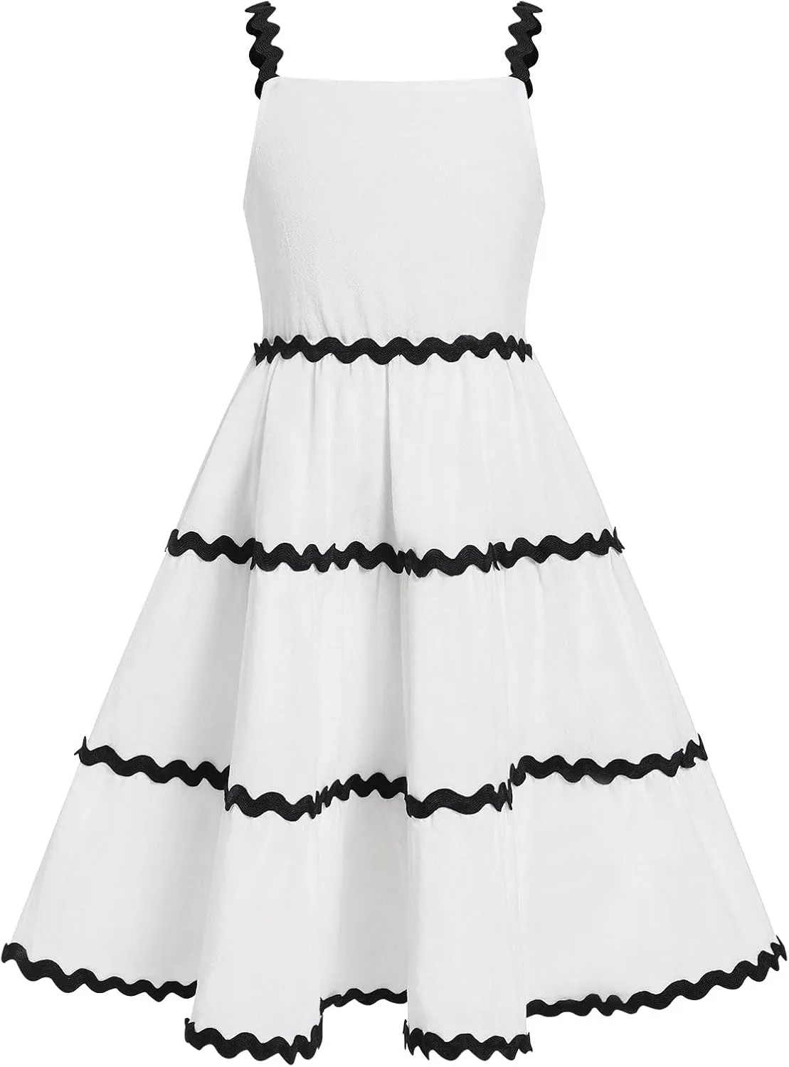 IDOPIP Toddler Girls Casual Dress Spaghetti Straps Rickrack Trim Dress Summer Sleeveless Flowy Smocked A Line Midi Sundress